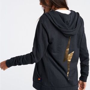 Aviator Nation Black Hoodie with Metallic Gold Lightning